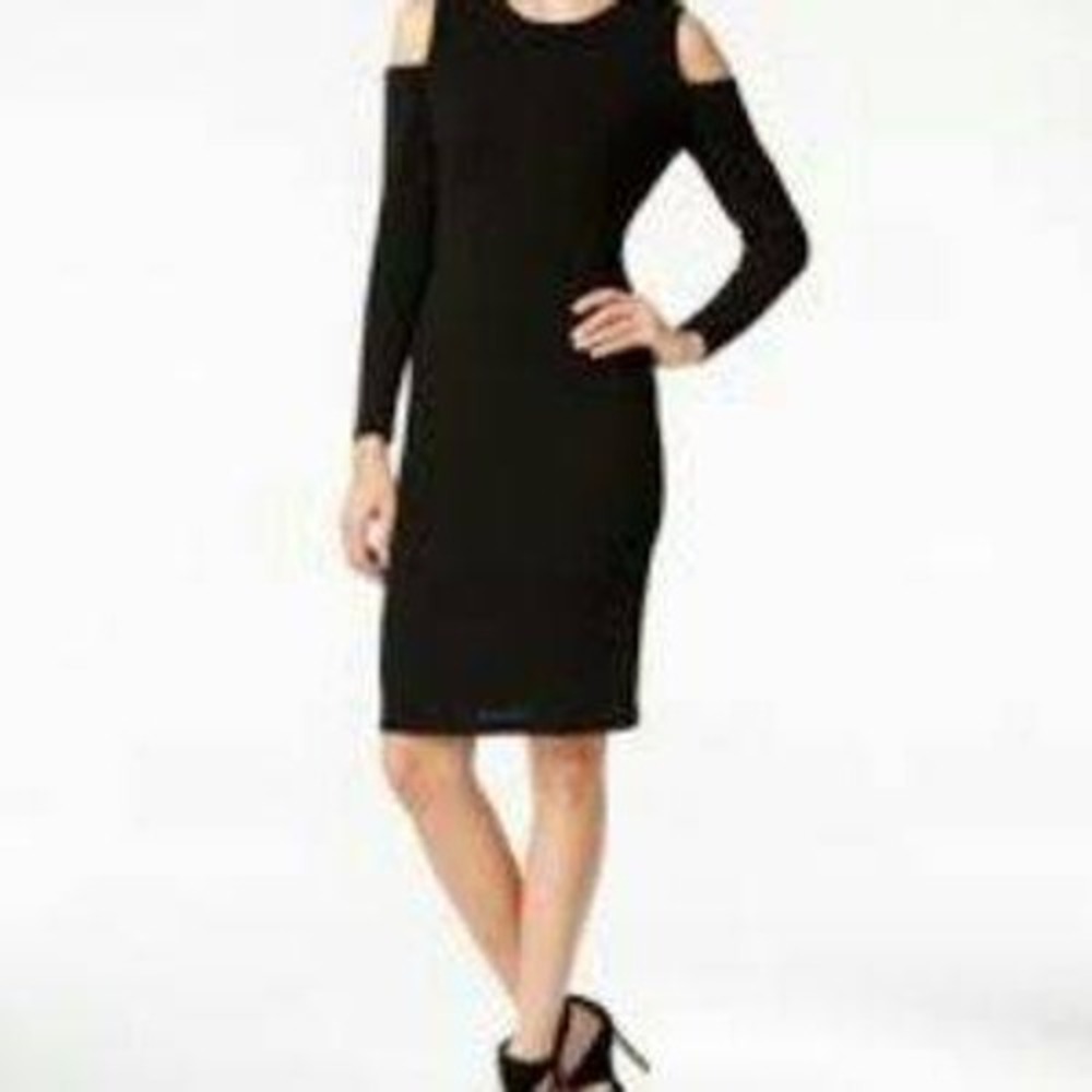 Calvin Klein Black Cold Shoulder Midi Dress Womens L Bodycon Stretch Long Sleeve